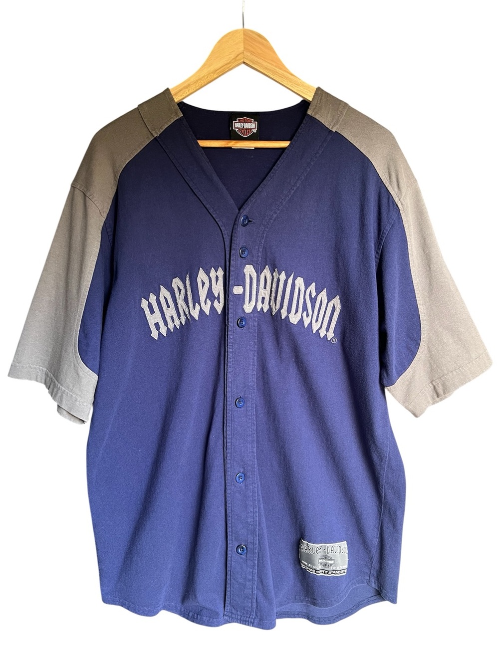 VTG 2000 Harley Davidson Baseball Jersey Sz Large Blue Gray Cotton Button Down - Picture 2 of 14